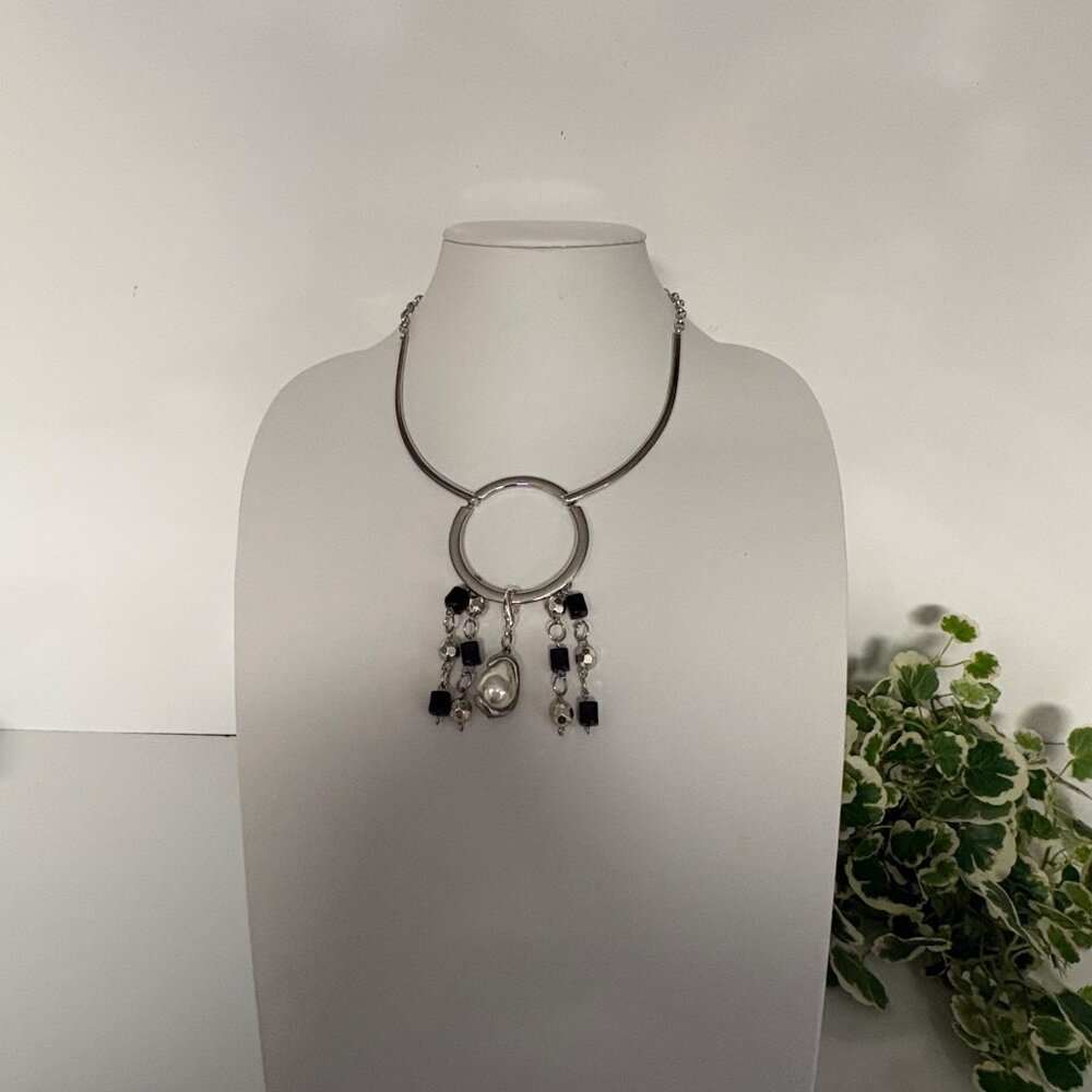 Collar Necklace Ring Pendant Black Silver Tone Beads Faux Pearl Dangles Modern